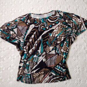 Lafayette 148 T shirt Pull Over Top Colorful Art Print Short Sleeve XL Women